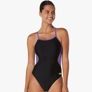 NWT  Speedo Eco Splice Flyback Black and Purple Swimwear 12/38